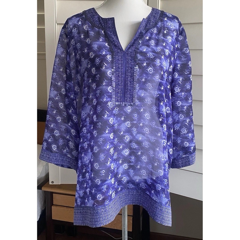 Chicos L Sheer Blue Artsy Sequin V-neck 3/4 Sleeve Tunic Blouse Boho Festival - Picture 2 of 13